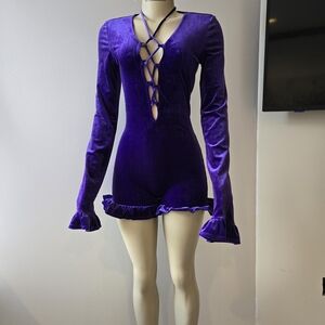 Purple Velvet Jumpsuit with Ruffle Sleeves